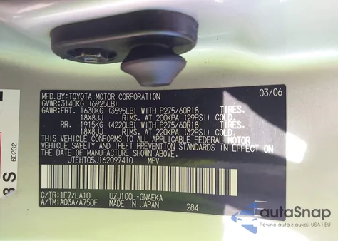 2006 Toyota Land Cruiser V8 z USA, uszkodzony, nr VIN JTEHT05J162097410